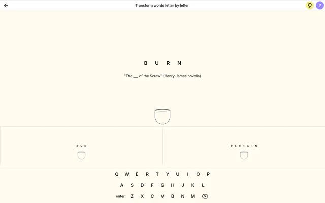 Letter Brew: the word BURN above the clue "The ___ of the Screw" (Henry James novella), a cauldron, and the words RUN and PERTAIN in two smaller cauldrons over an on-screen keyboard