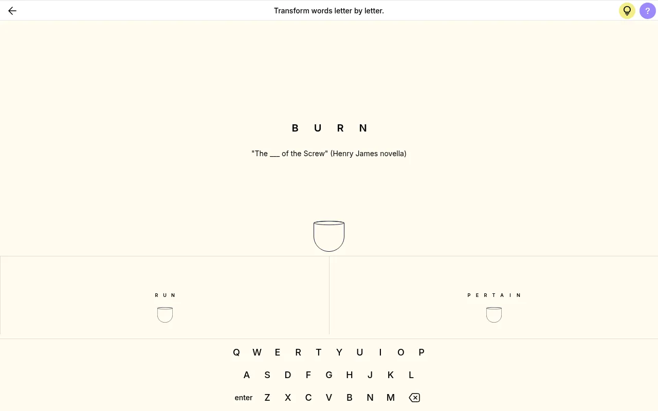 Letter Brew: the word BURN above the clue "The ___ of the Screw" (Henry James novella), a cauldron, and the words RUN and PERTAIN in two smaller cauldrons over an on-screen keyboard