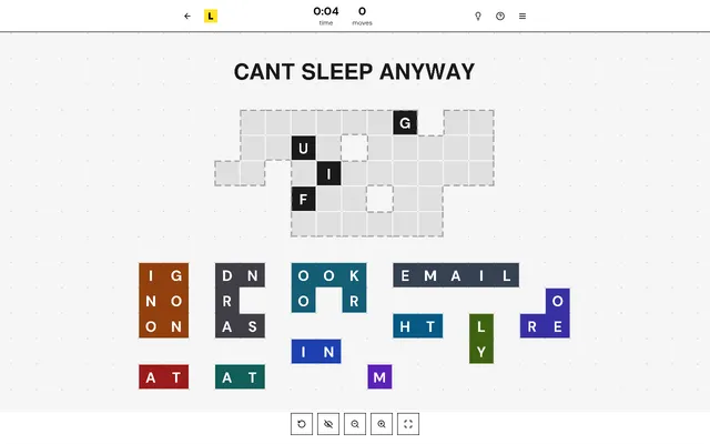 Lettered puzzle 274 on desktop: the category CANT SLEEP ANYWAY over an empty grid with four fixed letters, and a tray of coloured letter pieces below