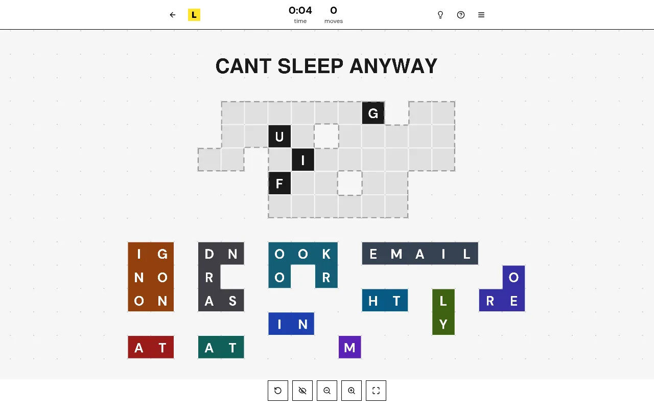 Lettered puzzle 274 on desktop: the category CANT SLEEP ANYWAY over an empty grid with four fixed letters, and a tray of coloured letter pieces below