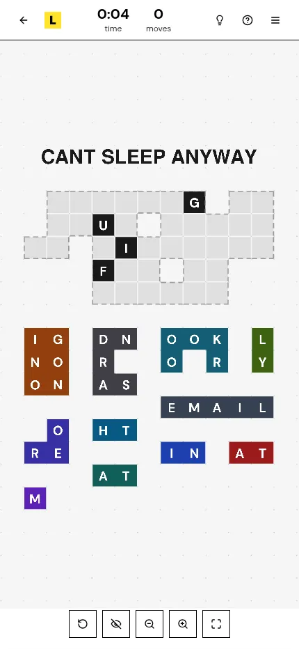 Lettered puzzle 274 at phone size: the CANT SLEEP ANYWAY grid with its letter pieces stacked in the tray underneath