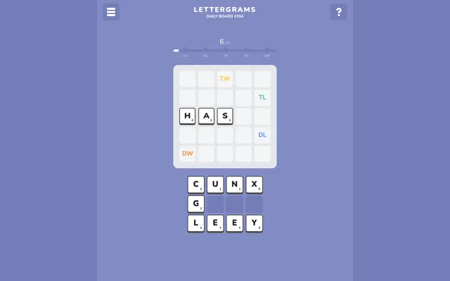 Lettergrams Daily Board #194 in play: HAS placed on the five by five grid with TW, TL, DL and DW squares, nine tiles left in the rack, 6 points on the star bar