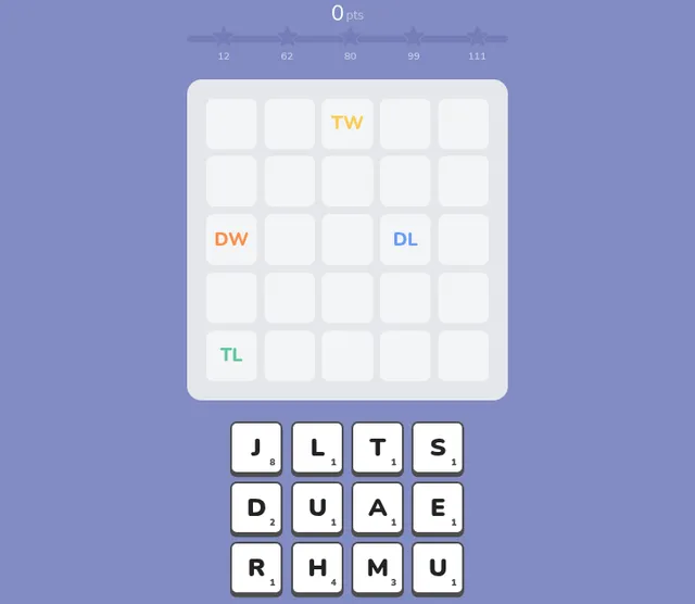 Lettergrams Daily Board #181: an empty five by five grid with TW, DW, DL and TL squares above a rack of twelve letter tiles and a five star score bar