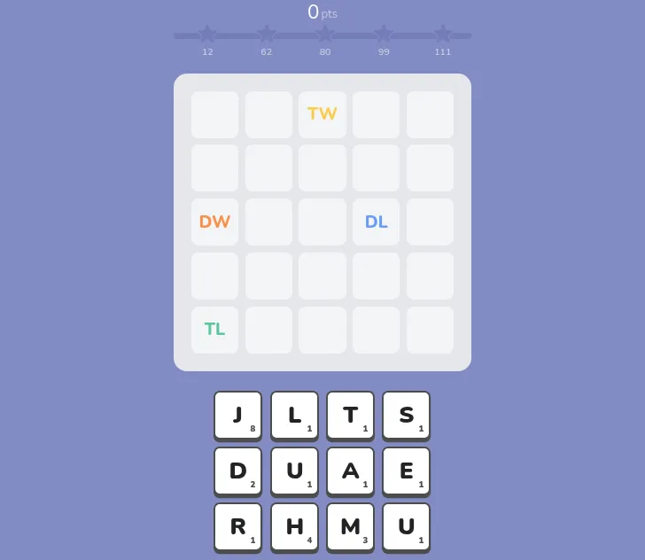 Lettergrams Daily Board #181: an empty five by five grid with TW, DW, DL and TL squares above a rack of twelve letter tiles and a five star score bar