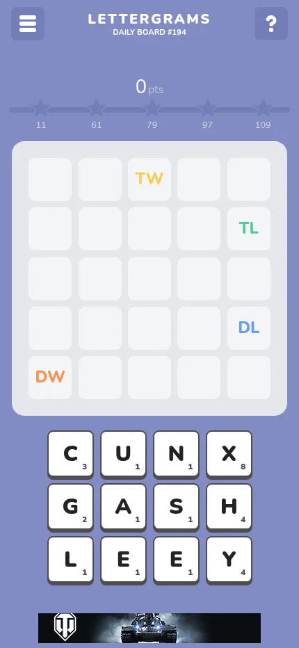 Lettergrams Daily Board #194 at phone size: the empty grid with bonus squares above a rack of twelve tiles, C U N X G A S H L E E Y