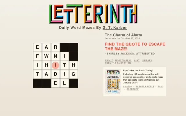 Letterinth for October 20, 2026, The Charm of Alarm: a five-by-five letter grid with dark wall squares, the starting I circled in the middle, and the source Shirley Jackson, attributed