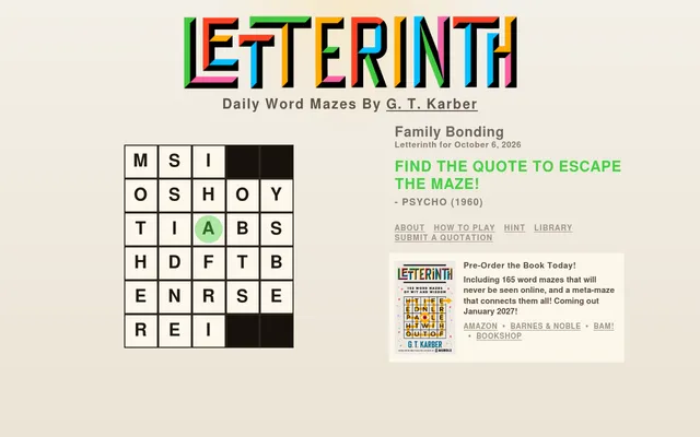Letterinth for October 6, 2026, Family Bonding: a six-row grid of letters with a green starting A, and the clue Find the quote to escape the maze, from Psycho (1960)