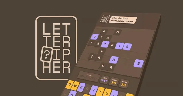 Letteripher on a phone: a grid of partly revealed letter tiles, the scrambled theme, timer, score 2/6 and lives 3/5 above a keyboard