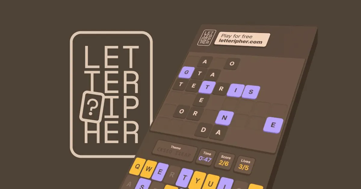 Letteripher on a phone: a grid of partly revealed letter tiles, the scrambled theme, timer, score 2/6 and lives 3/5 above a keyboard