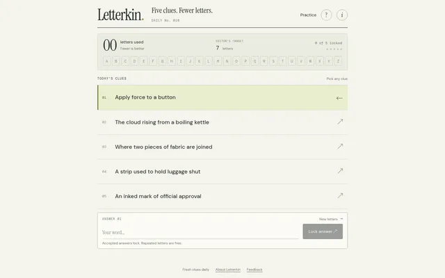 Letterkin Daily No. 010: five clues, an alphabet strip, an editor's target of 7 letters and the answer box