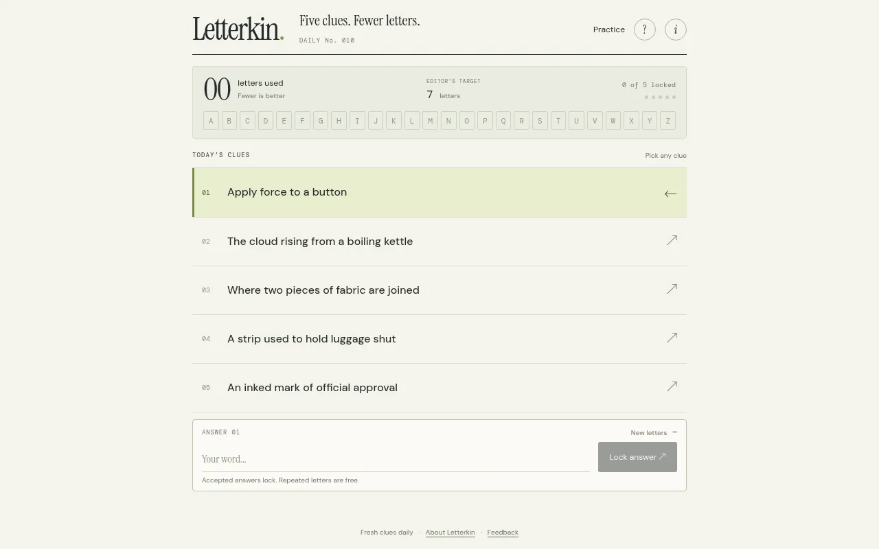 Letterkin Daily No. 010: five clues, an alphabet strip, an editor's target of 7 letters and the answer box