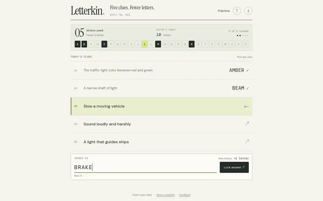 Letterkin Daily No. 021 on a desktop: AMBER and BEAM locked, BRAKE typed with one new letter, five letters used against an editor's target of 10