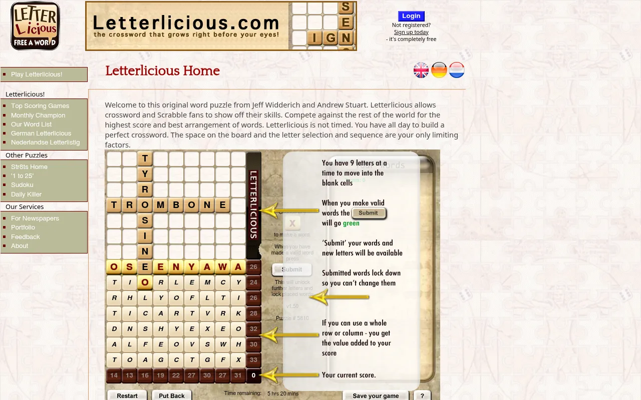 Letterlicious puzzle #5810: a board with TROMBONE and TYRO placed as tiles, the seven-row letter tray with row values, the score and help callouts about Submit and scoring