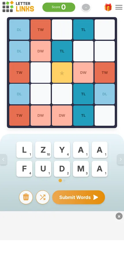LetterLinks on a phone, today's board: a 5x5 grid of DL, TL, DW and TW squares around a centre star, above a rack of scored tiles L, Z, Y, A, F, U, D, M and a Submit Words button
