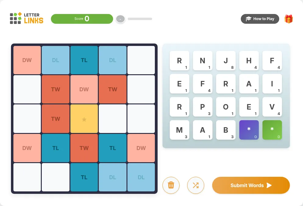 LetterLinks daily game: a 5x5 board of DL, TL, DW and TW bonus squares with a star in the centre, beside a rack of scored letter tiles including J, H, F and two wild cards, and a Submit Words button