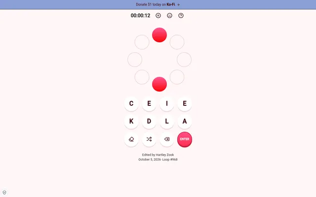 LetterLoop number 968 for October 5, 2026: a loop of eight circles with two red shared circles, above a bank of letters C, E, I, E, K, D, L and A and an Enter button