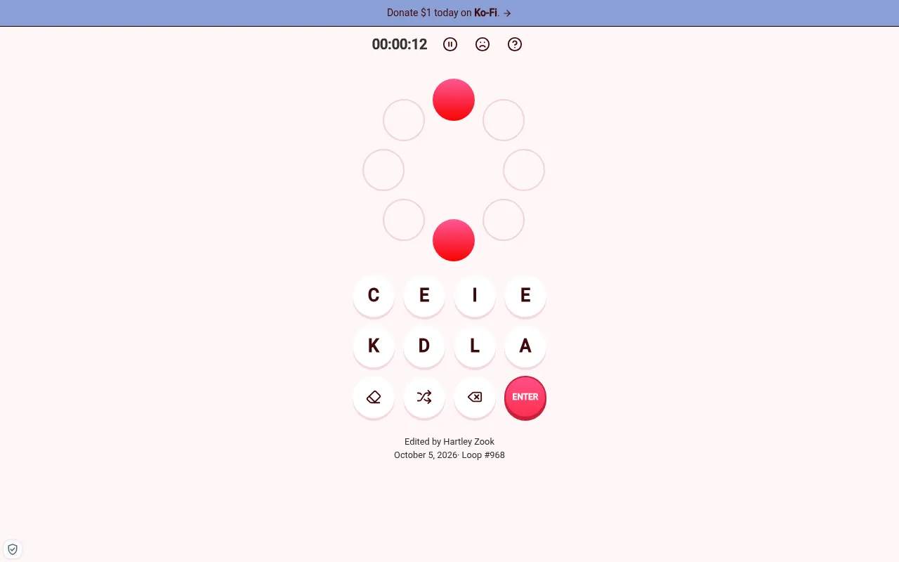 LetterLoop number 968 for October 5, 2026: a loop of eight circles with two red shared circles, above a bank of letters C, E, I, E, K, D, L and A and an Enter button