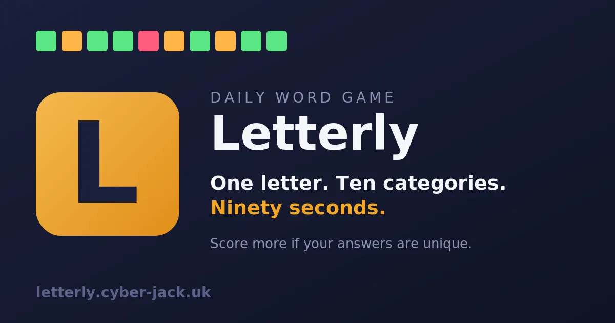 Letterly's share card: the Letterly name and L icon with a row of ten coloured squares and the line One letter. Ten categories. Ninety seconds.
