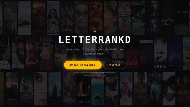 Letterrankd title screen over a wall of film posters, with Daily Challenge and Freeplay buttons