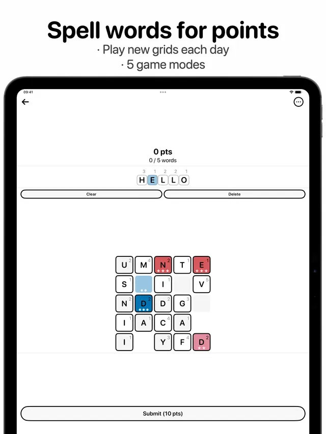 LETTERS on iPad: a grid of numbered letter tiles with red and blue bonus tiles, the word HELLO being spelled above it and a Submit button
