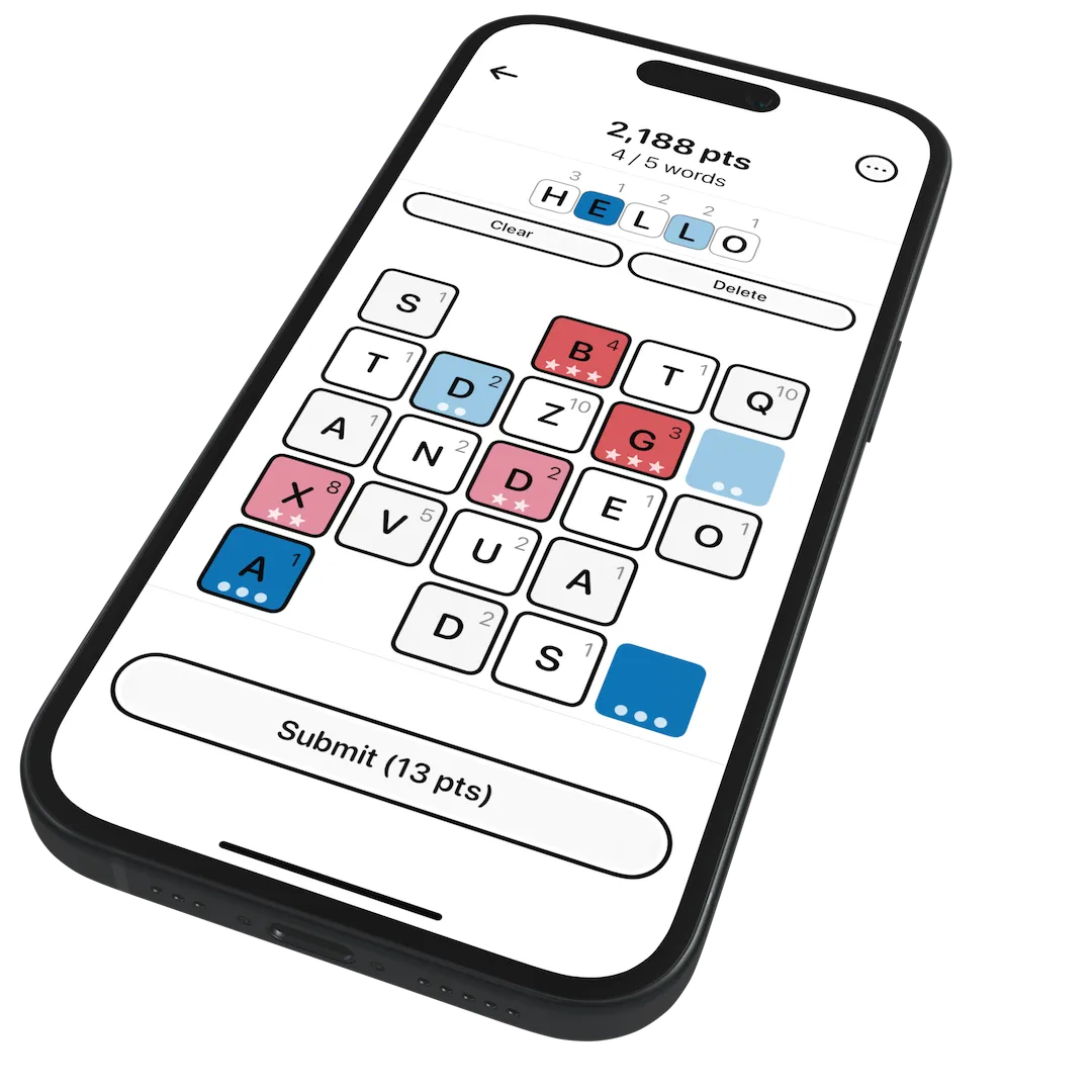 LETTERS on iPhone with 2,188 points after four of five words and a grid of letter and bonus tiles