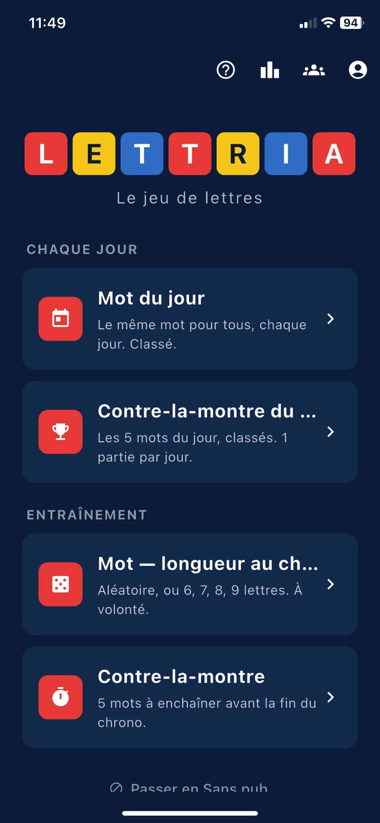 Lettria home screen with Mot du jour and Contre-la-montre du jour under Chaque jour, and practice modes below