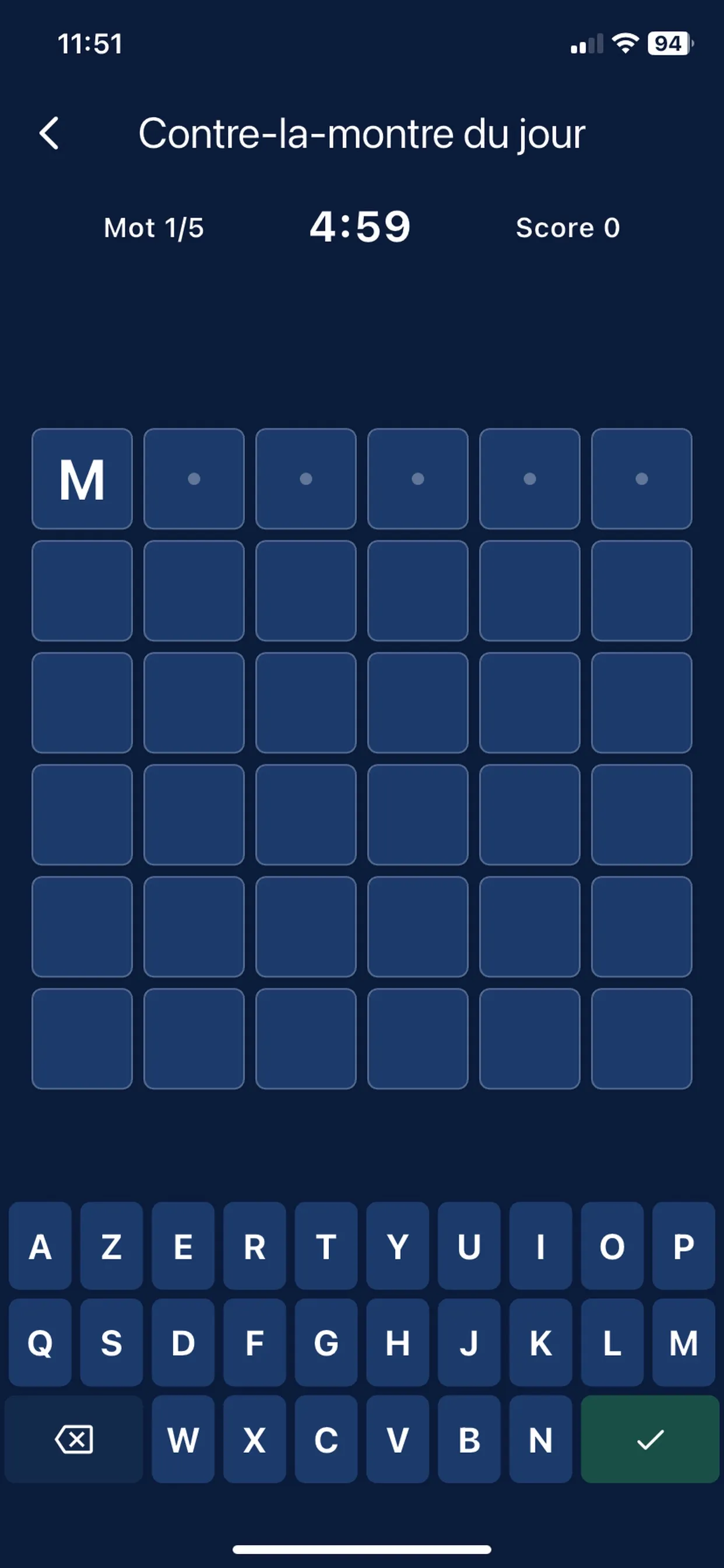 Lettria Contre-la-montre du jour at word 1 of 5 with 4:59 on the clock and a six-letter word starting with M