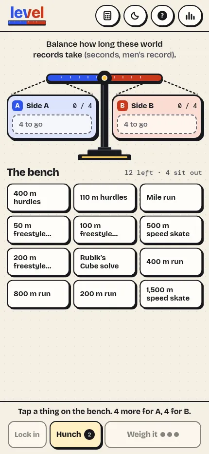 level Classic No. 12 at phone size: the scale above a bench of twelve world records, with Lock in, Hunch and Weigh it buttons