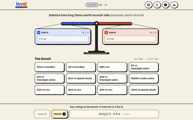 level Classic No. 12 on 26 October 2026: an empty scale with Side A and Side B and twelve world records on the bench to balance by time