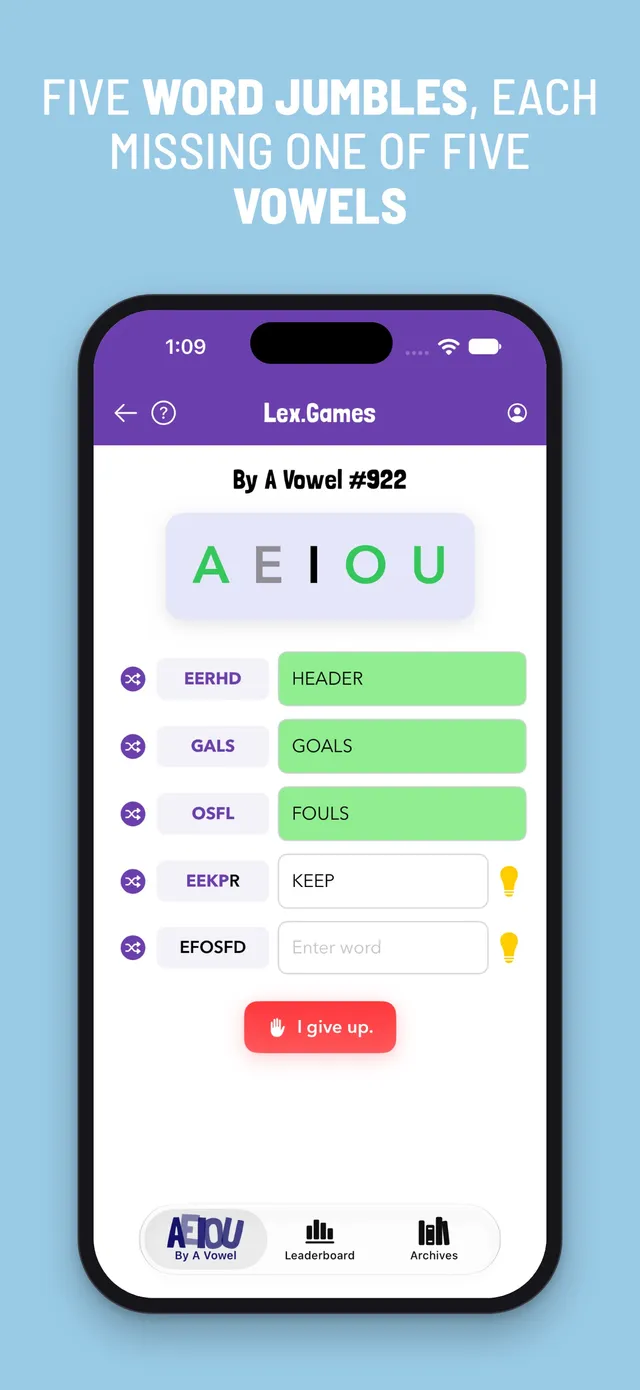 By A Vowel #922 in the Lex.Games app: the vowels A E I O U above five jumbles, with HEADER, GOALS and FOULS solved in green