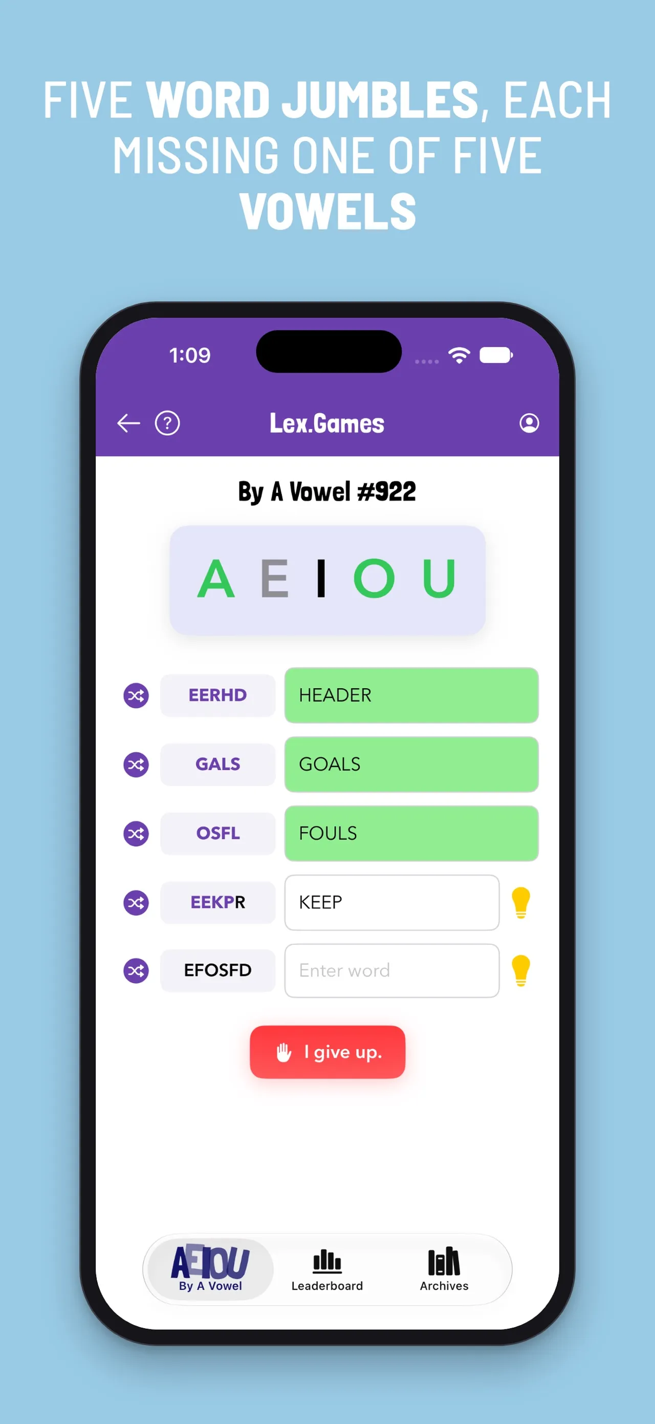 By A Vowel #922 in the Lex.Games app: the vowels A E I O U above five jumbles, with HEADER, GOALS and FOULS solved in green