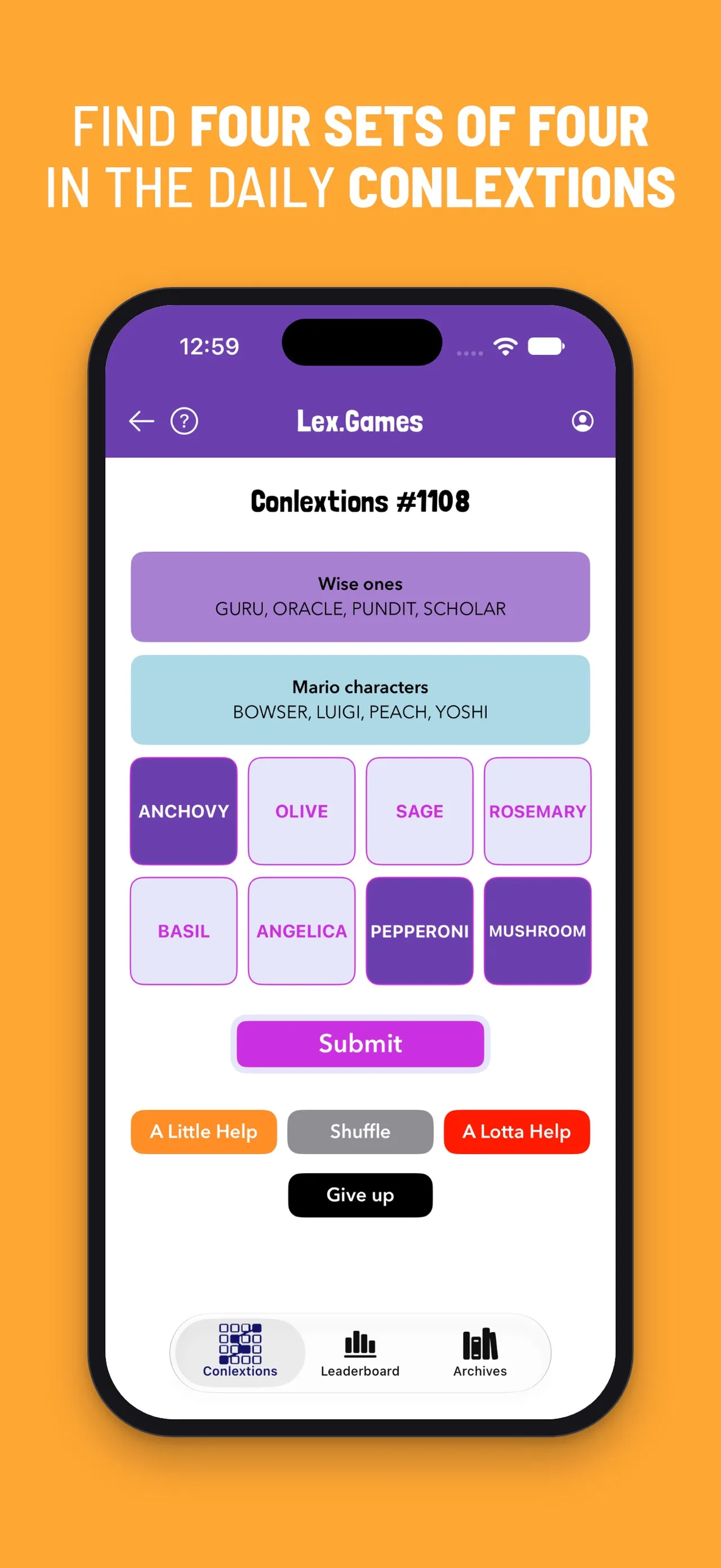 Conlextions in the Lex.Games app: a four-by-four grid of terms to sort into groups