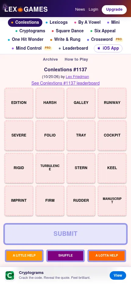 Conlextions #1137 at phone size: the sixteen-word grid with Submit, A Little Help, Shuffle and A Lotta Help buttons