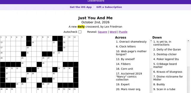 The Lex.Games crossword 'Just You And Me' for October 2nd, 2026, with an empty 15x15 grid and the Across and Down clue lists