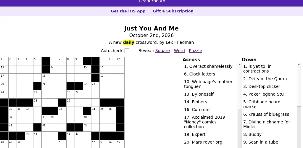 The Lex.Games crossword 'Just You And Me' for October 2nd, 2026, with an empty 15x15 grid and the Across and Down clue lists