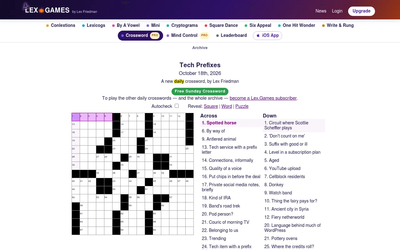 Lex.Games Crossword Tech Prefixes, the free Sunday puzzle of 18 October 2026: an empty 15x15 grid with 1-Across highlighted beside the Across and Down clue lists