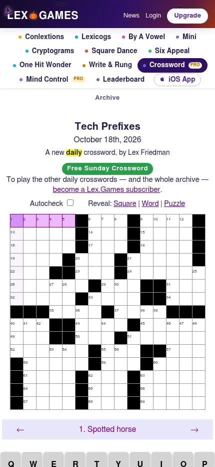 The same Tech Prefixes crossword at phone size: the full 15x15 grid, the current clue Spotted horse in a bar and an on-screen keyboard below