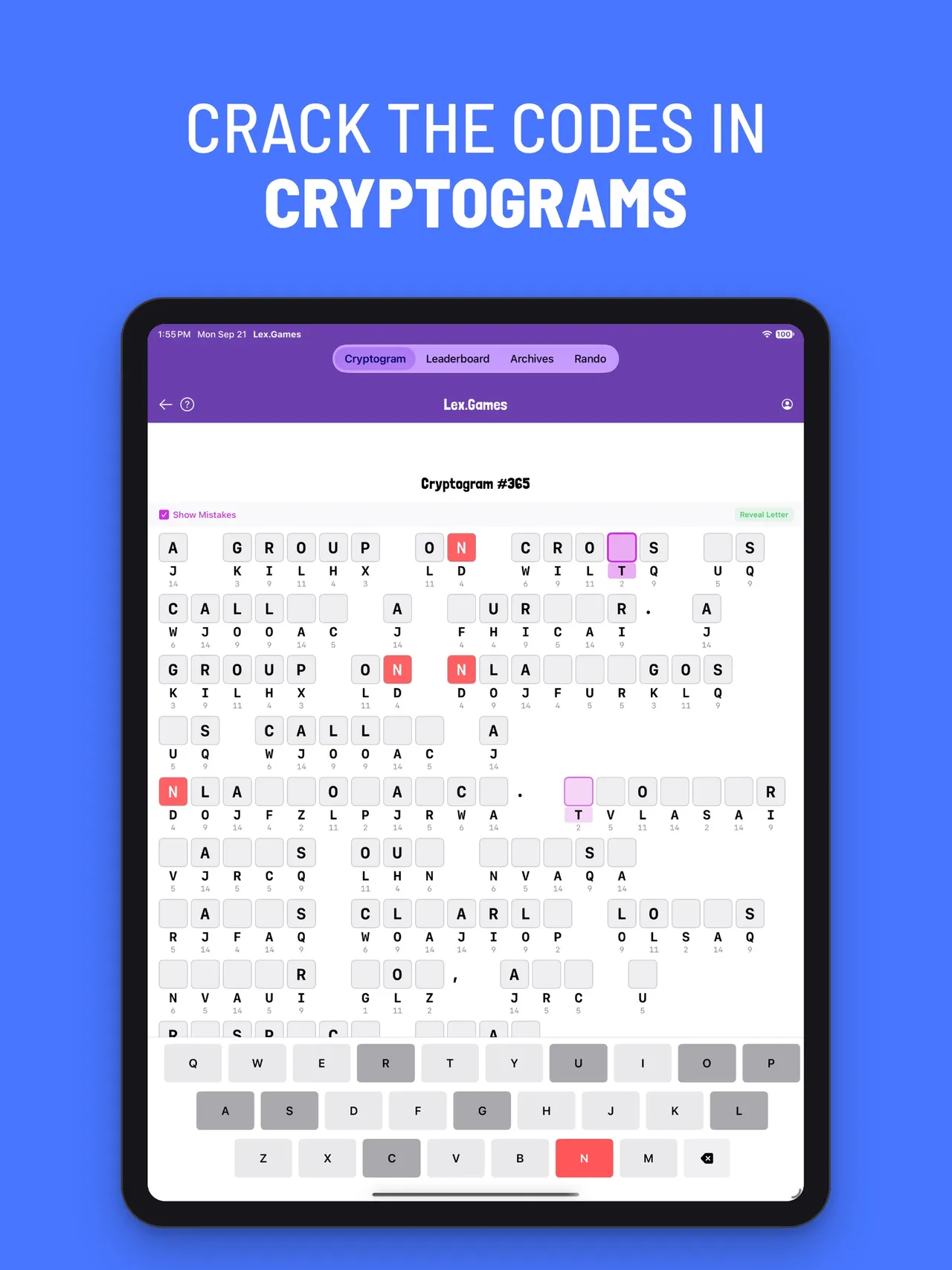 Lex.Games Cryptogram #365 on an iPad: a partly solved quote with cipher letters and counts under each tile, a mistake marked in red and the keyboard below