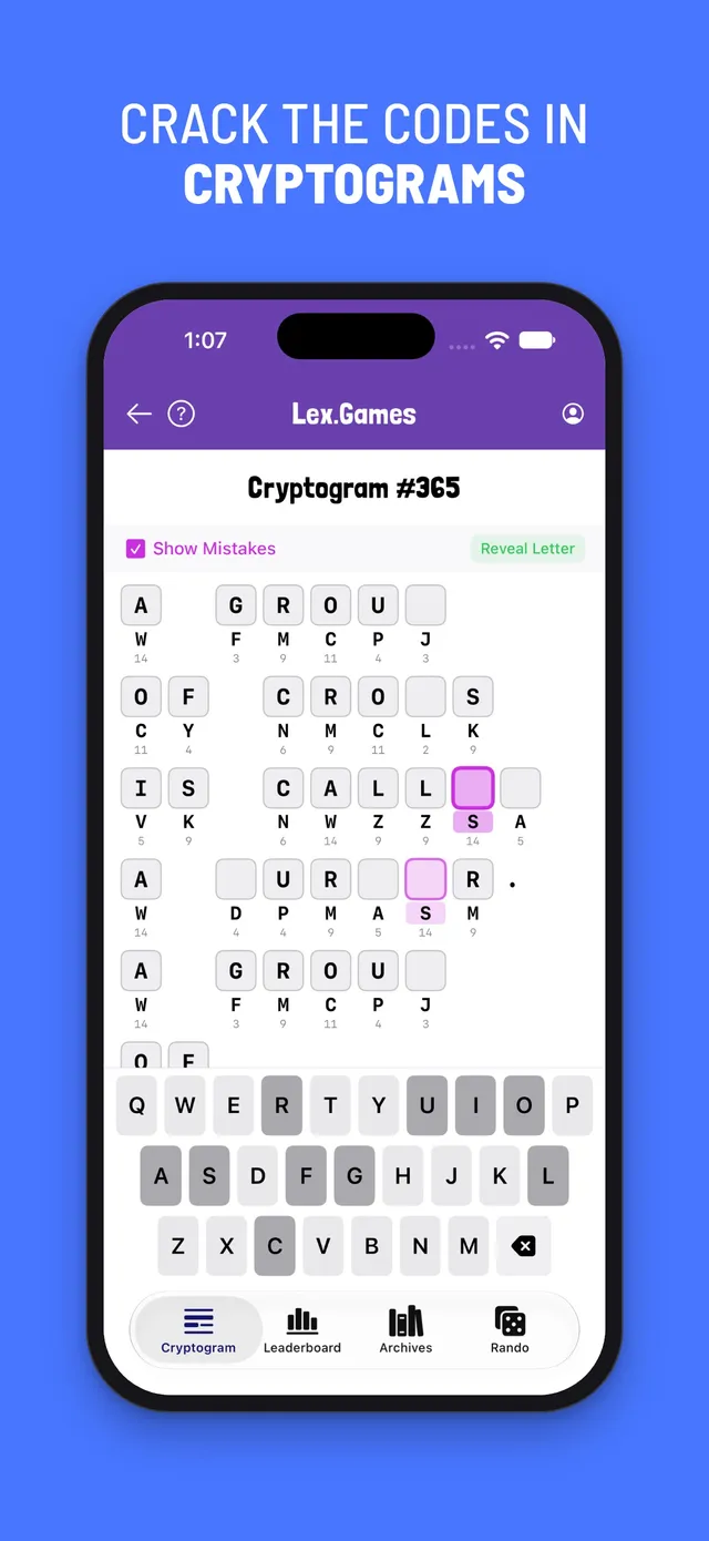 Cryptogram #365 in the Lex.Games app: a partly decoded quote with cipher letters and counts under each tile, and a keyboard below