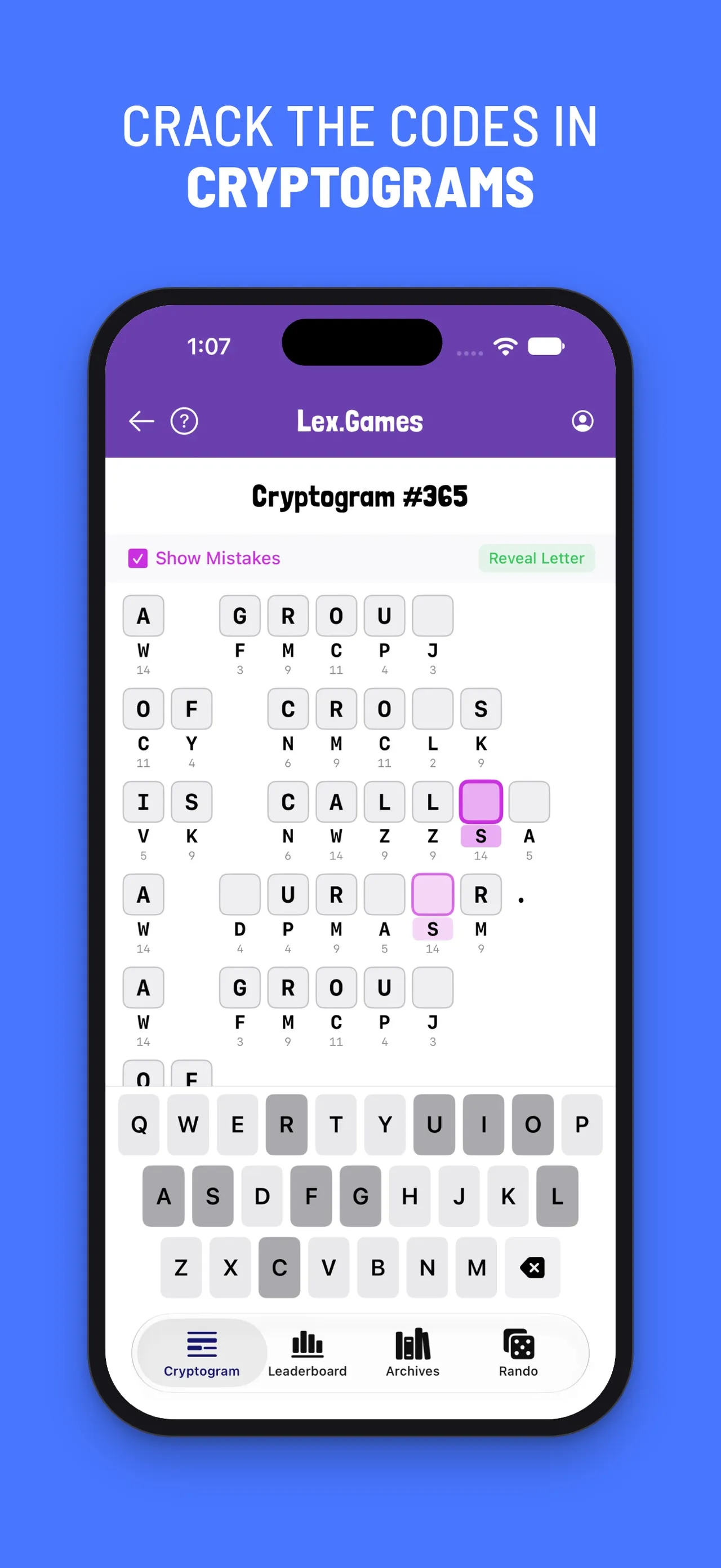 Cryptogram #365 in the Lex.Games app: a partly decoded quote with cipher letters and counts under each tile, and a keyboard below