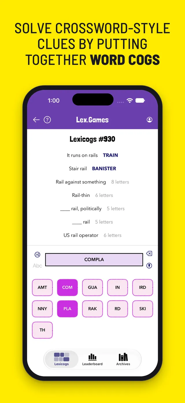 Lexicogs in the Lex.Games app: seven clues above a grid of letter chunks