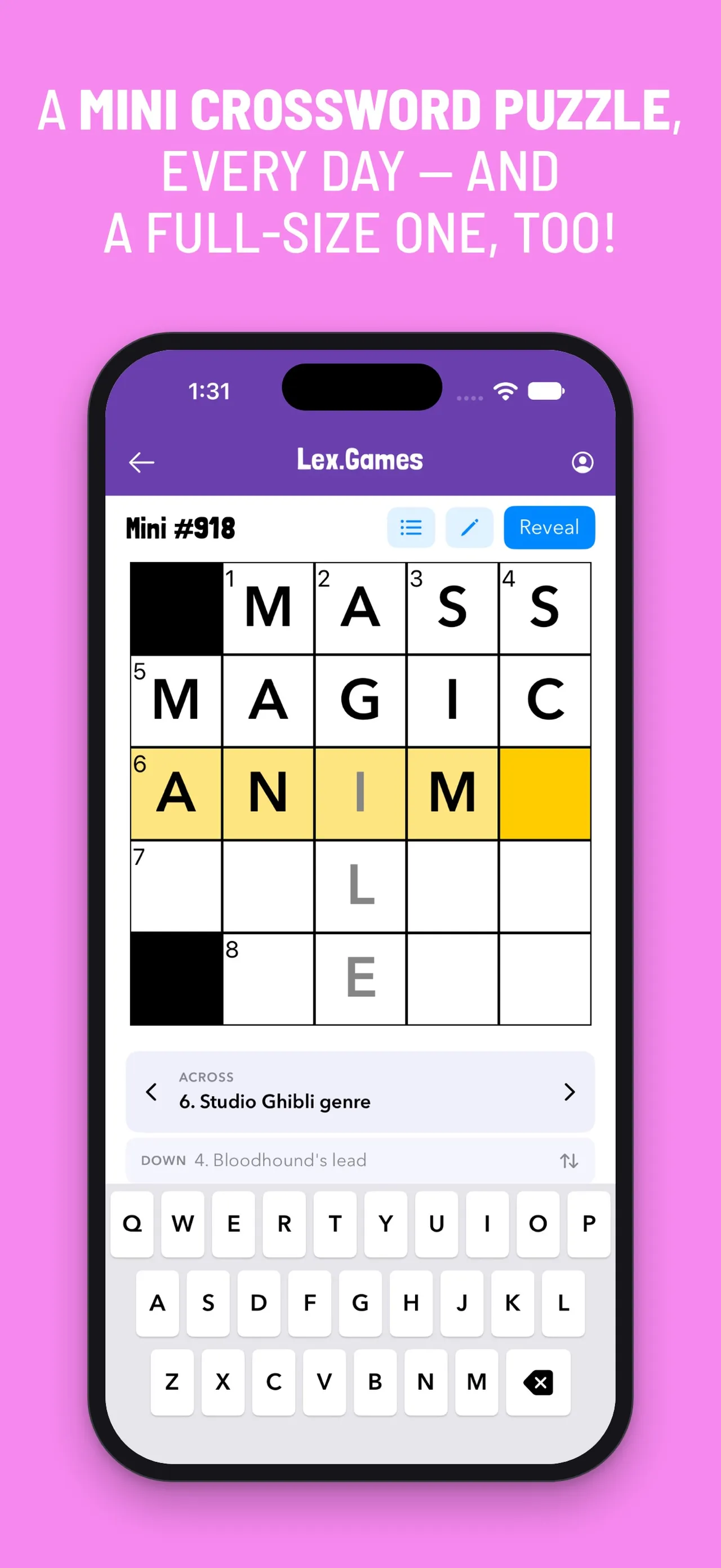 The Lex.Games Mini crossword in the app: a small grid with its clues