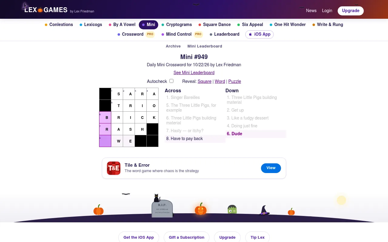Lex.Games Mini #949 for 22 October 2026 on the web: a five by five grid nearly filled (SARA, TRIO, BRICK, RASH) beside its Three Little Pigs themed Across and Down clues