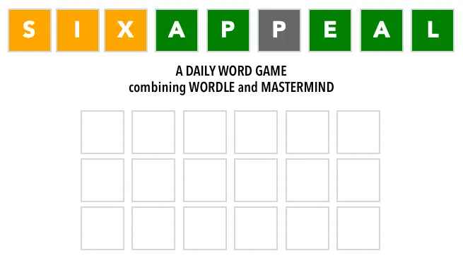 Six Appeal share card: the name in coloured tiles over an empty six-letter board, a daily word game combining Wordle and Mastermind