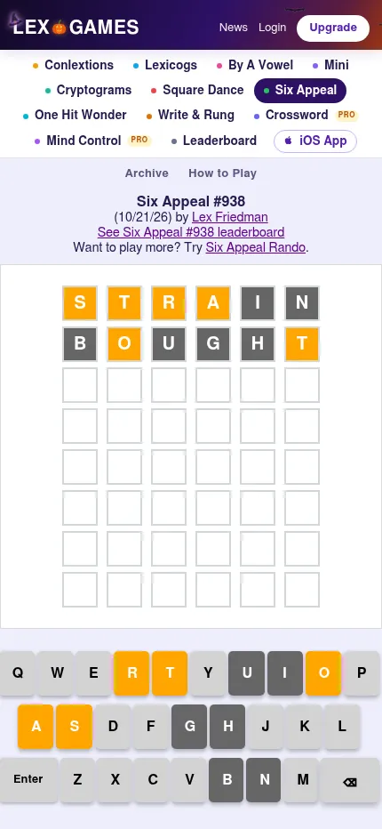 Six Appeal #938 at phone size with two guesses on the eight-row board and the coloured on-screen keyboard