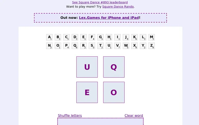 A Square Dance board: letter tiles A to Z with their points values above four letter squares, U, Q, E and O