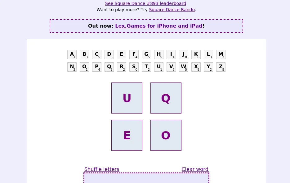 A Square Dance board: letter tiles A to Z with their points values above four letter squares, U, Q, E and O