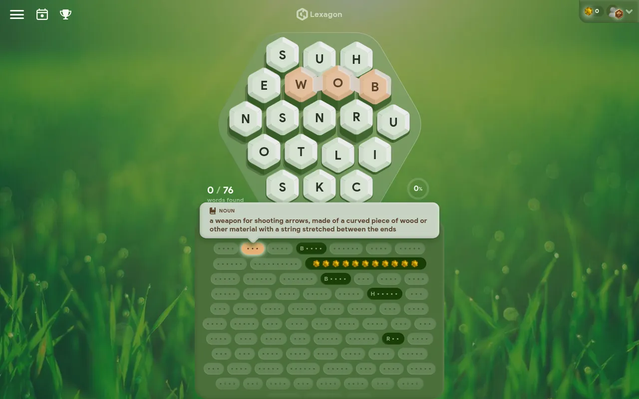 Lexagon puzzle board: 19 hexagon letter tiles on a meadow background, a definition hint for a noun, and the word bank of blanks below showing 0 of 76 words found