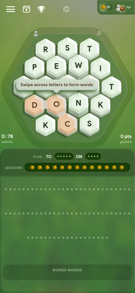 Lexagon puzzle #149 at phone size: the hexagon board of 19 letter tiles with a swipe tip, 0 of 78 words, the clue line and the word bank of blanks below