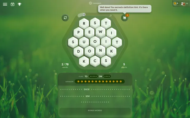 Lexagon puzzle #149 on a desktop: 19 hexagon letter tiles, DOCK and SEW found, 2 of 78 words, the clue TO ..... ON .... and a 13-letter Lexagon still to find